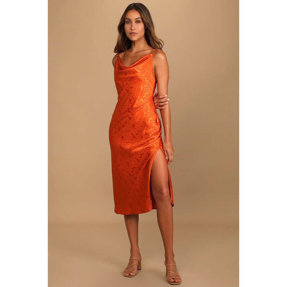 Lulus You're My Type Rust Orange Satin Jacquard Midi Slip Dress - Size M